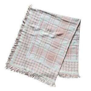 Vintage Beacon Pink/White Tartan Plaid Cotton Fringe Camp Blanket #508 50x62”